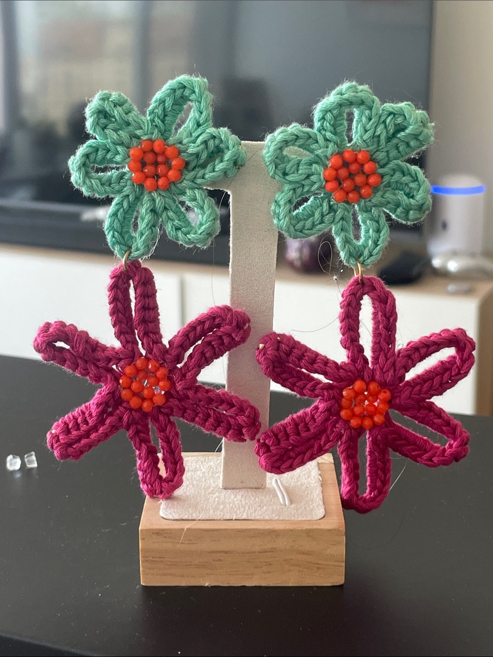 Zara Floral Crochet Drop Earrings — Green & Magenta with Orange Centers